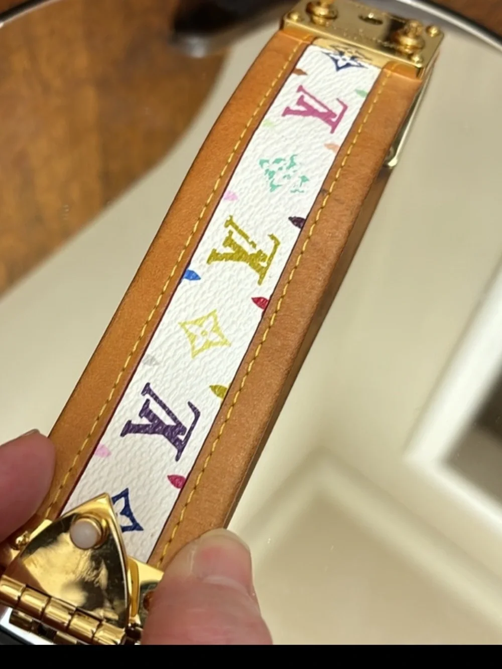 Louis Vuitton White Multicolor Monogram Leather Bracelet with Gold Hardware EUC